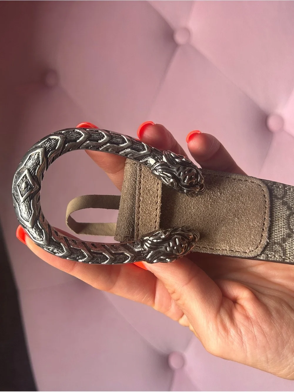 Gucci beige GG canvas belt with tan trim and silver chain buckle